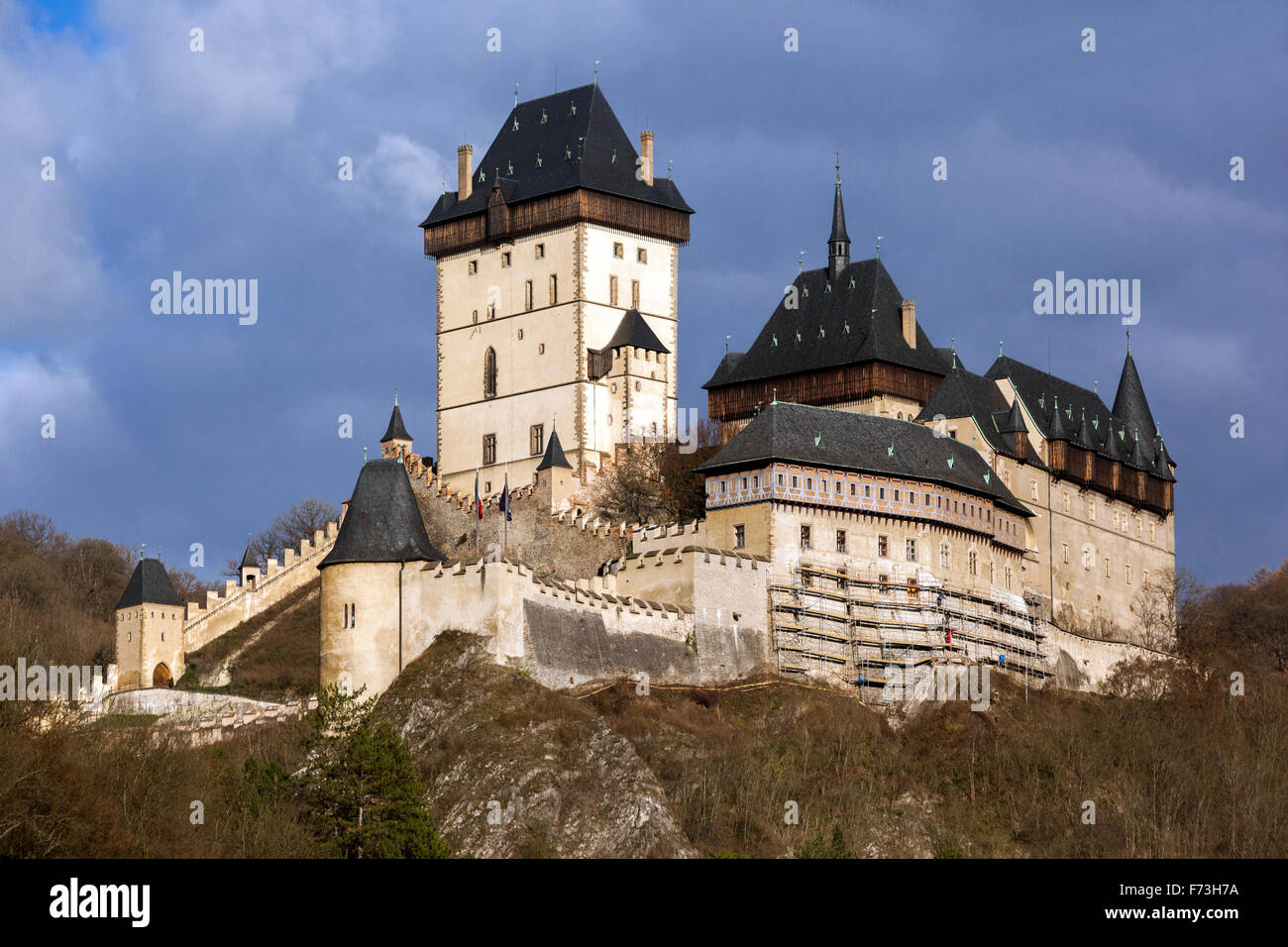 Karlstejn, Beautiful Castle is a large Royal Gothic castle founded 1348 CE by Charles IV,  King of Bohemia. Czech Rep Stock Photo