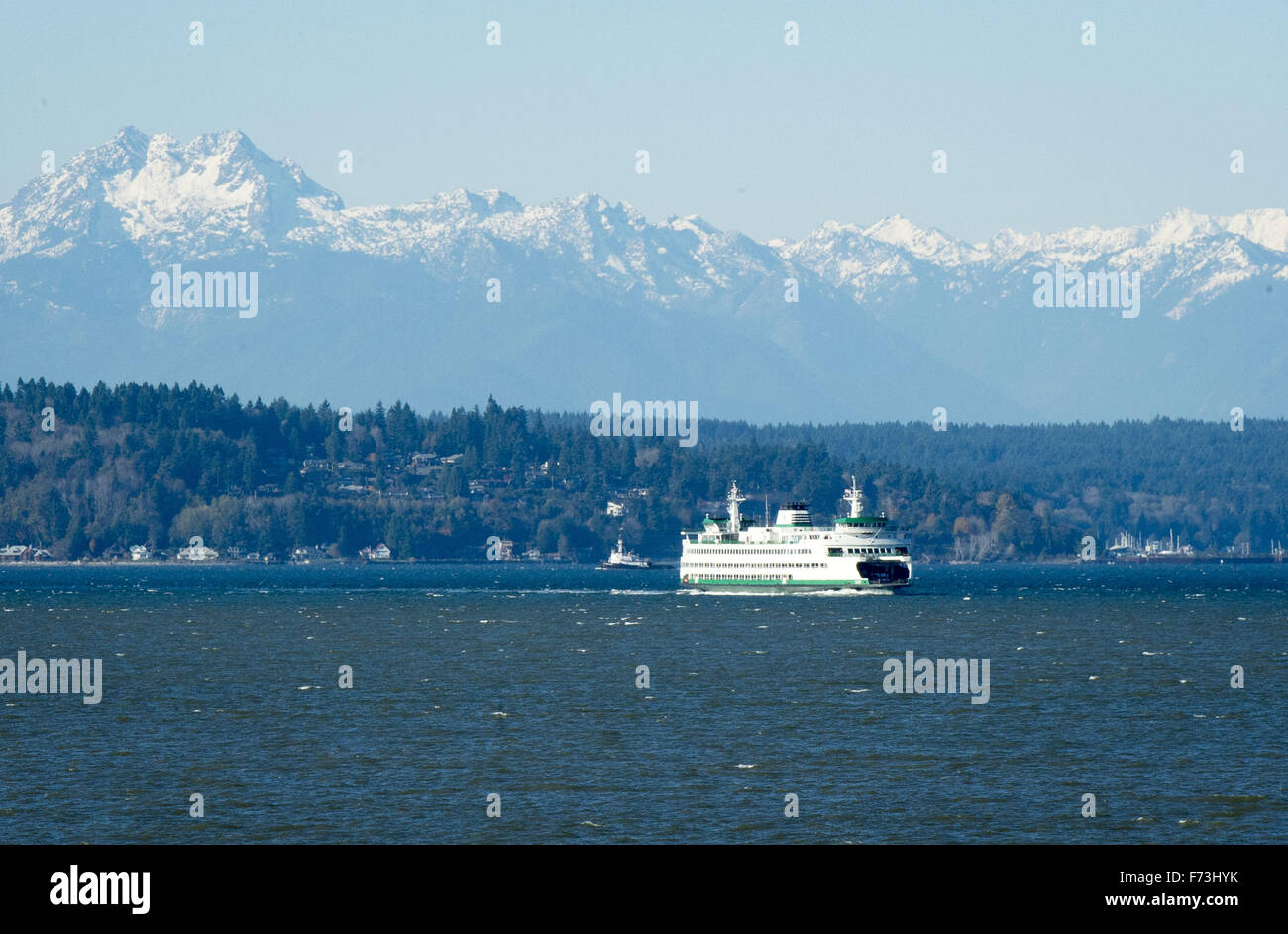 Seattle, Washington, USA. 21st Nov, 2015. The Washington State Ferry system, operating under the Department of Transportation, operates about two dozen specially made ferries along 10 different routes to 20 different terminals located within Puget Sand and the San Juan Islands. As part of the Washington State Highway system, the distinctive green and white painted hull is easily recognized visually. --- In the photo, the MV Tacoma approaches the Seattle terminal inbound from Bainbridge Island with the Olympic Mountain Range visible in the distance. © David Bro/ZUMA Wire/Alamy Live News Stock Photo