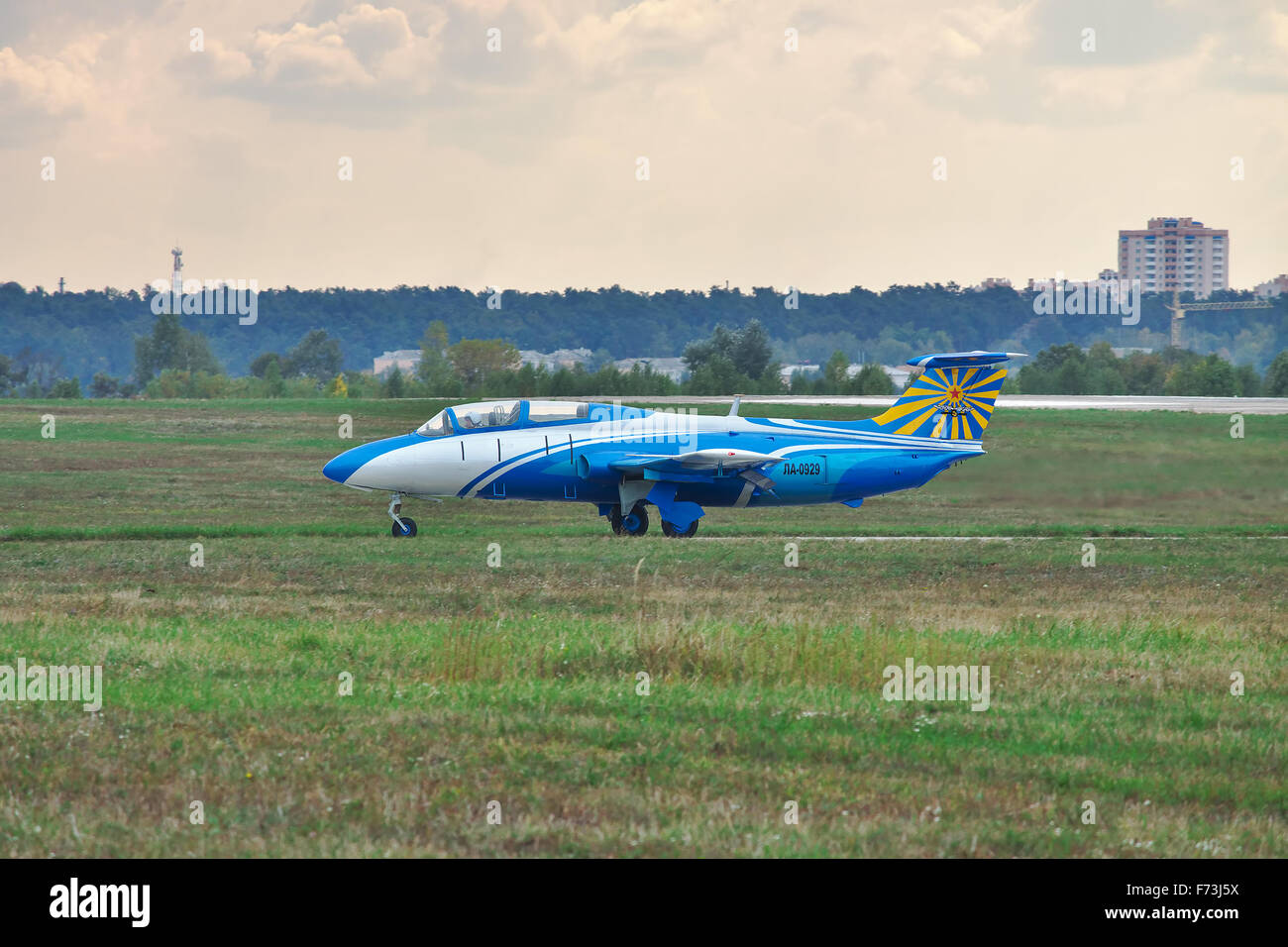 Gostomel, Ukraine - October 3, 2010: Aero L-29 Delfin taxiing to the parking after landing Stock Photo
