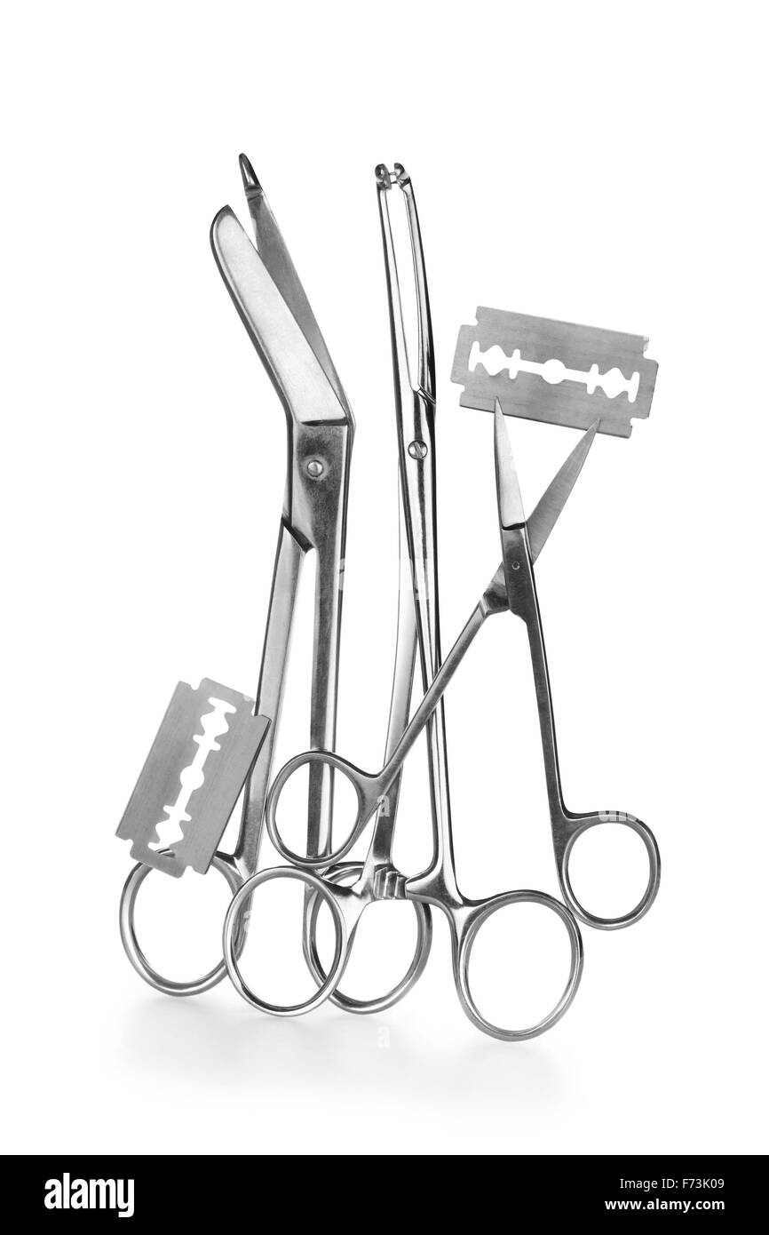 metal scissors and steel razor blades Stock Photo