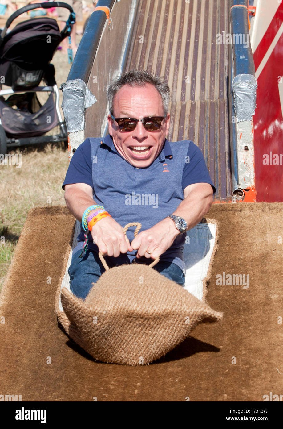 Warwick Davis and famly filming at Camp Bestival 3rd aug 2014 Stock Photo
