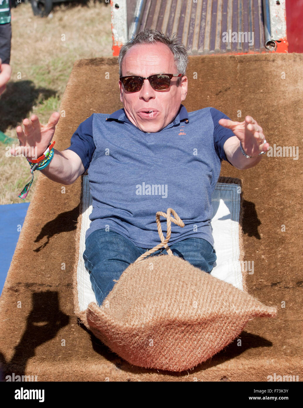 Warwick Davis and famly filming at Camp Bestival 3rd aug 2014 Stock Photo