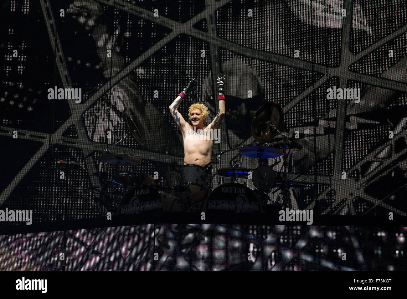 Paris, France. 24th Nov, 2015. German rock band 'Scorpions' with drummer James Kottak give a concert in the sold-out Bercy hall in Paris, France, 24 November 2015. Photo: Nicolas Carvalho Ochoa/dpa/Alamy Live News Stock Photo