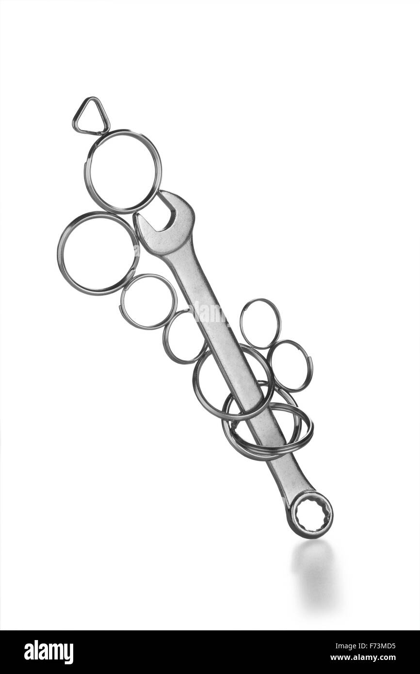 metal wrench and steel rings Stock Photo