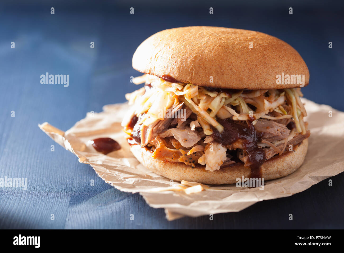 homemade pulled pork burger with coleslaw and bbq sauce Stock Photo Alamy
