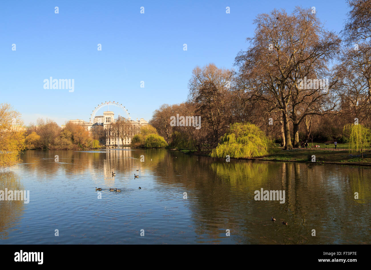 St. James Park with London Eye and Horse Guards Buildings, London, UK. Stock Photo