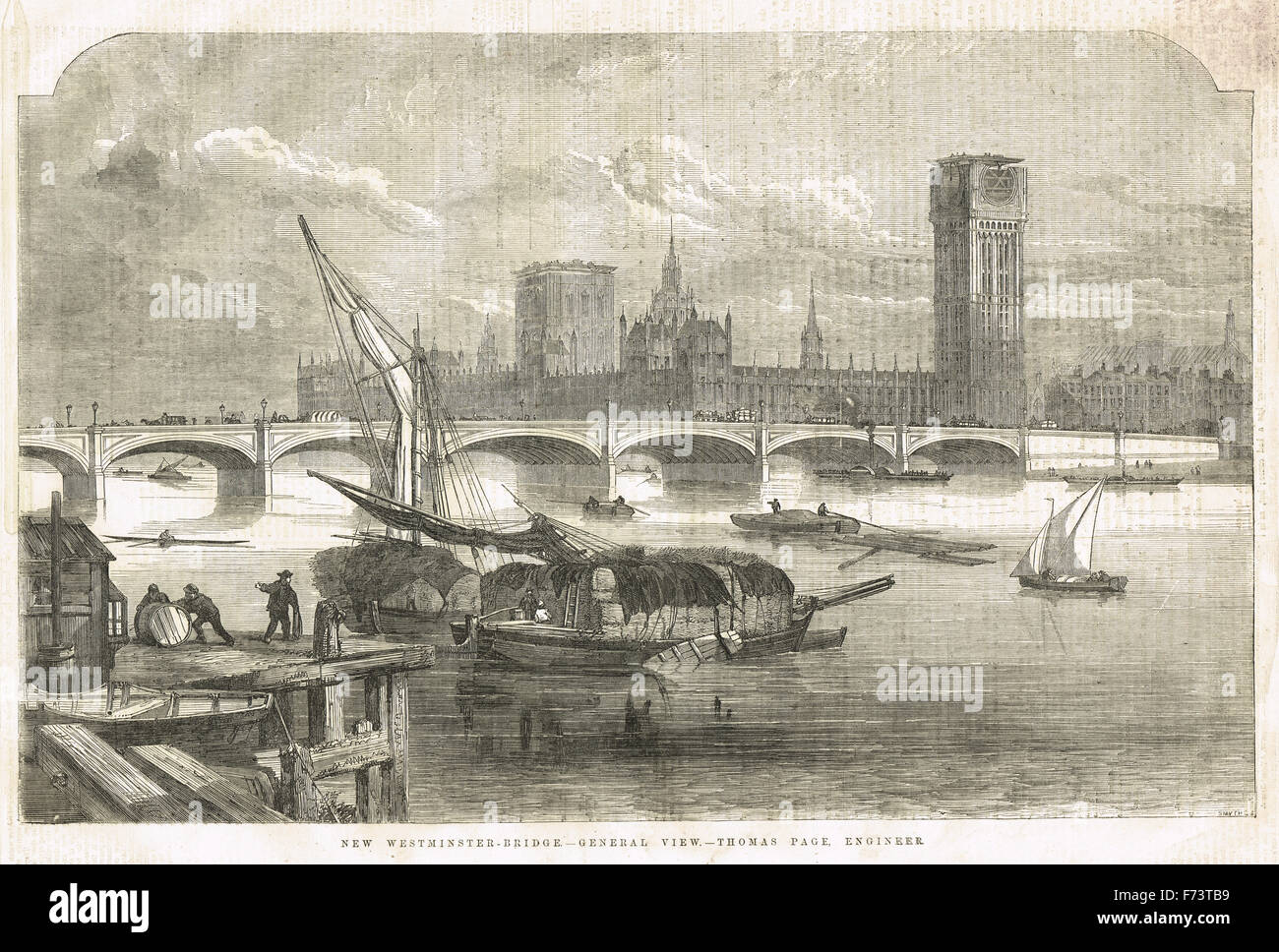 New Westminster Bridge & Palace showing Big Ben clock tower in construction 1855 Stock Photo