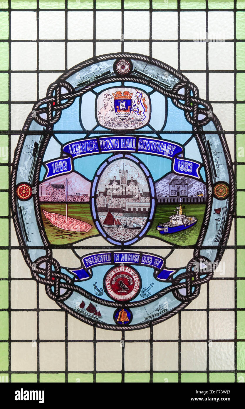 Stained glass window in Lerwick Town Hall Shetland Islands Scotland UK
