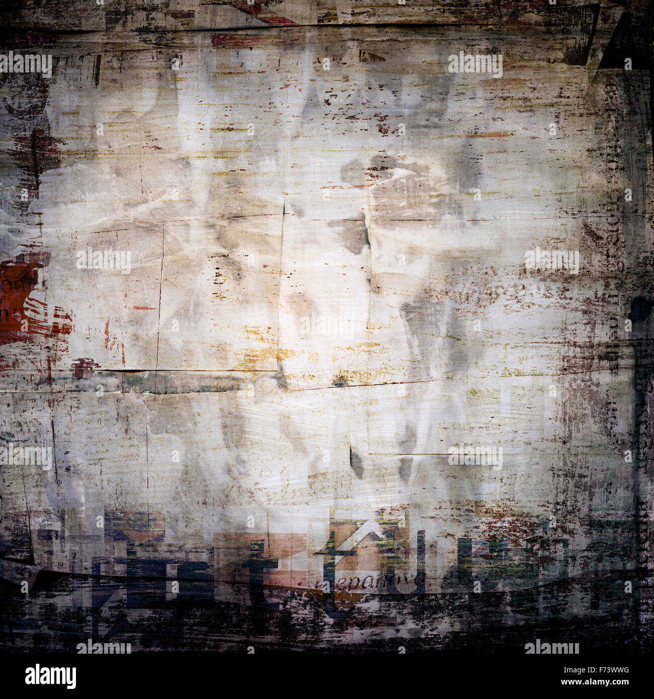 Grunge painted torn paper collage, cracked scratched background with letters Stock Photo