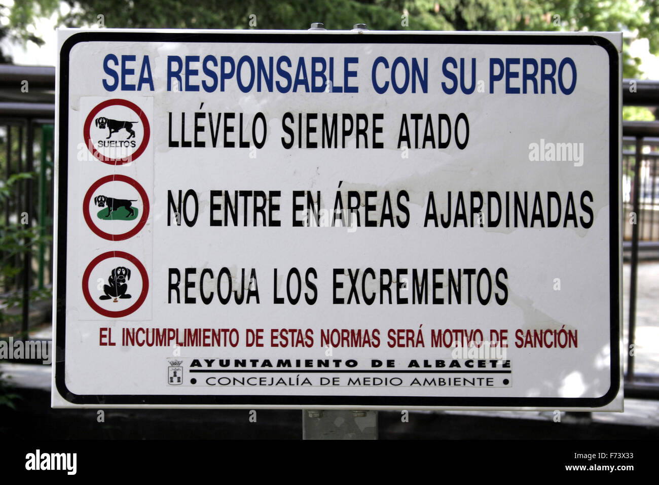 Sign notice about dog regulation in Albacete, Spain. Stock Photo