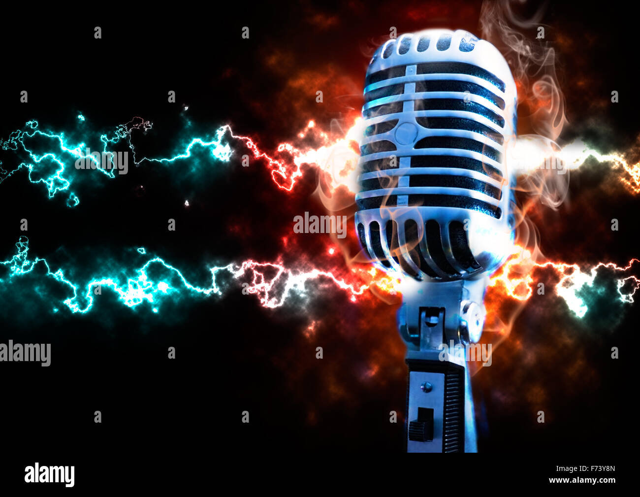 Music illustration with vintage microphone and explosion with fire and
