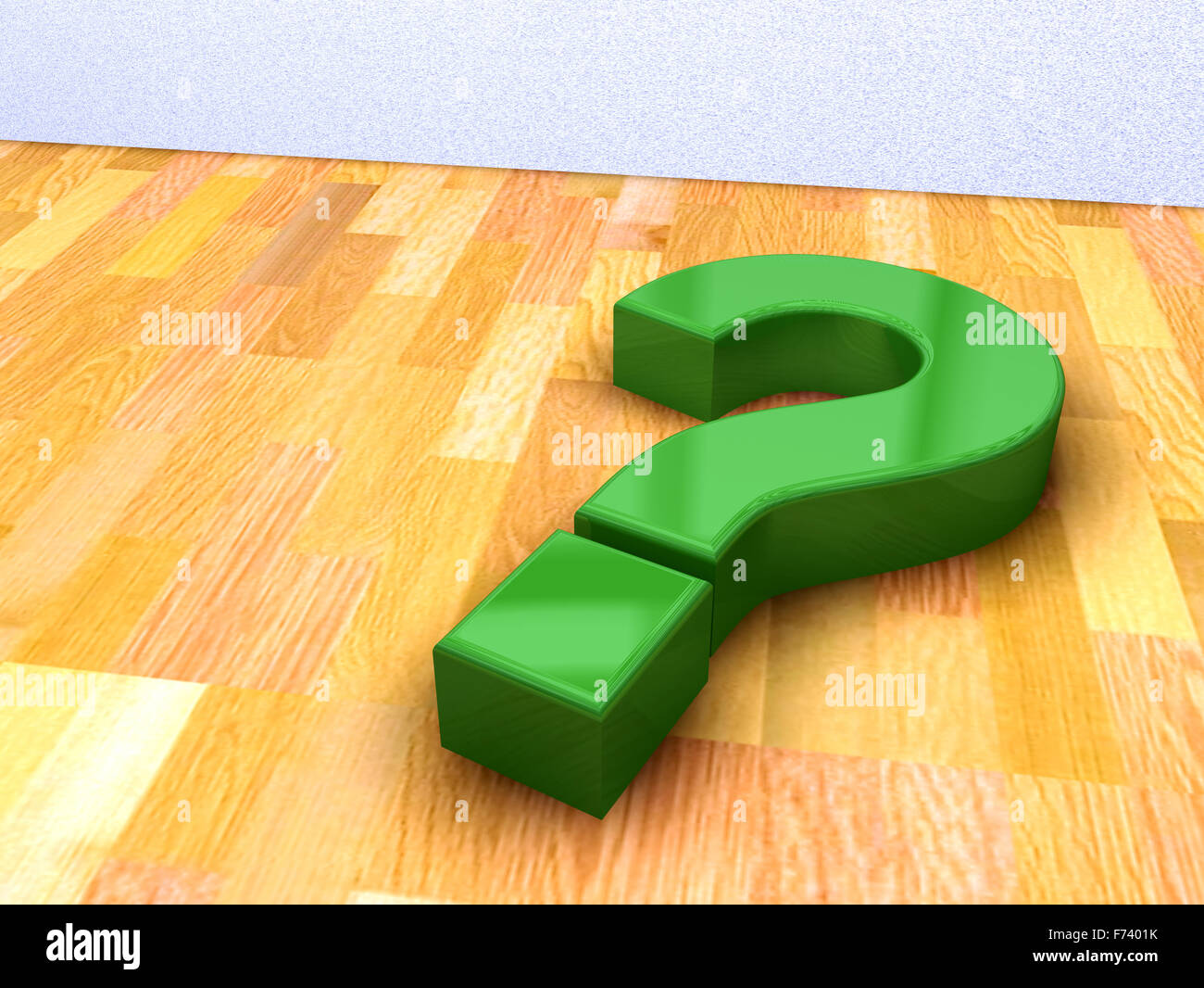 3d image of green question mark on a wood floor Stock Photo