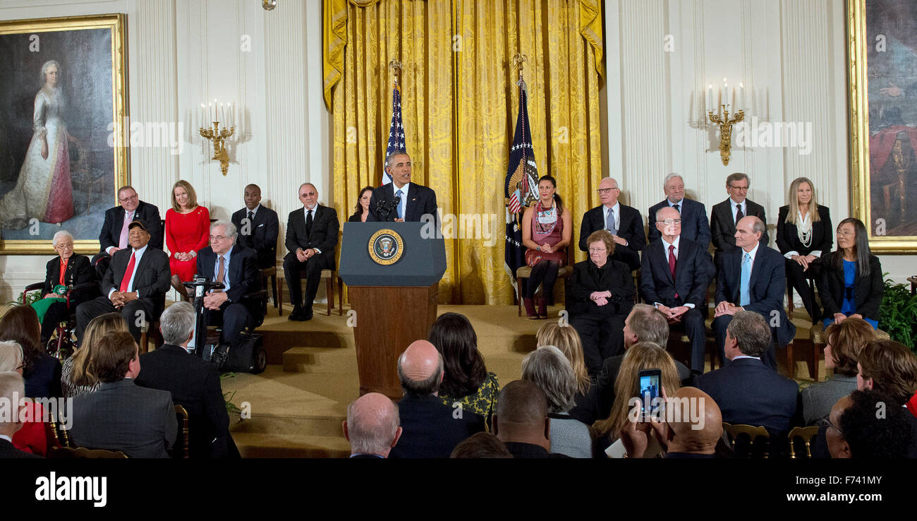 United States President Barack Obama makes remarks during a ceremony in the East Room of the White House where he will award the Presidential Medal of Freedom in Washington, DC on Tuesday, November 24, 2015. The Medal is the highest US civilian honor, presented to individuals who have made especially meritorious contributions to the security or national interests of the US, to world peace, or to cultural or significant public or private endeavors. Photo: Ron Sachs/CNP/dpa - NO WIRE SERVICE - Stock Photo