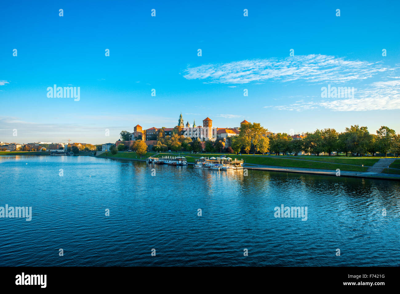 Beautiful view on Vistula river near Wawel castle in Krakow on the morning Stock Photo