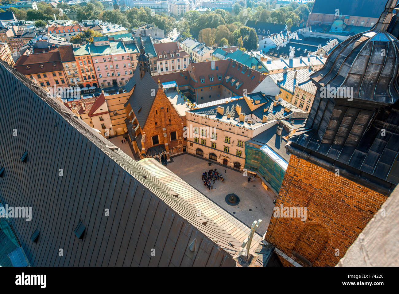 Aerial view on square near Marys Basilica in old city center in Krakow Stock Photo