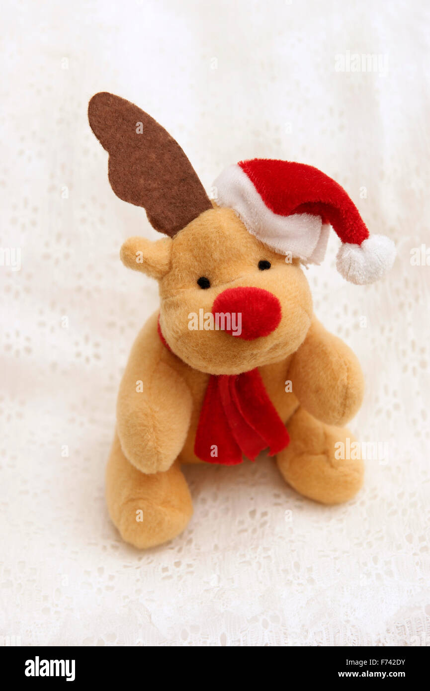 Cuddly toy 'Rudolph the red nosed reindeer' wearing a Santa's hat at Christmas Stock Photo