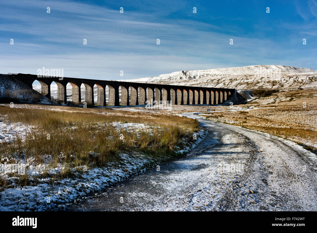Winter weather at Batty Moss, aka Ribblehead, Viaduct on the Settle to Carlisle Railway, North Yorkshire, UK Stock Photo