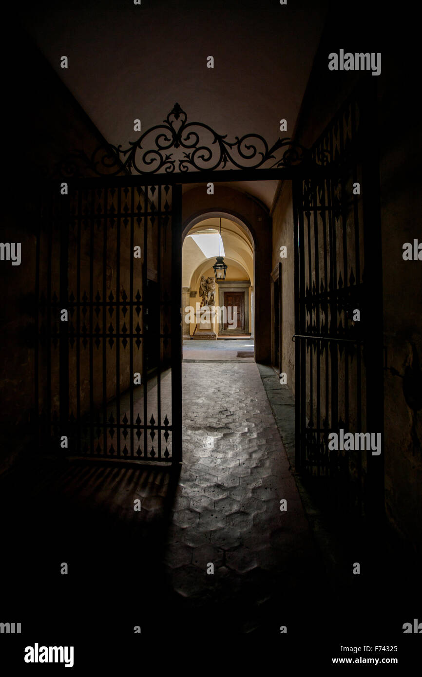 ornately designed gate to corridor leading to statue Florence Italy Stock Photo