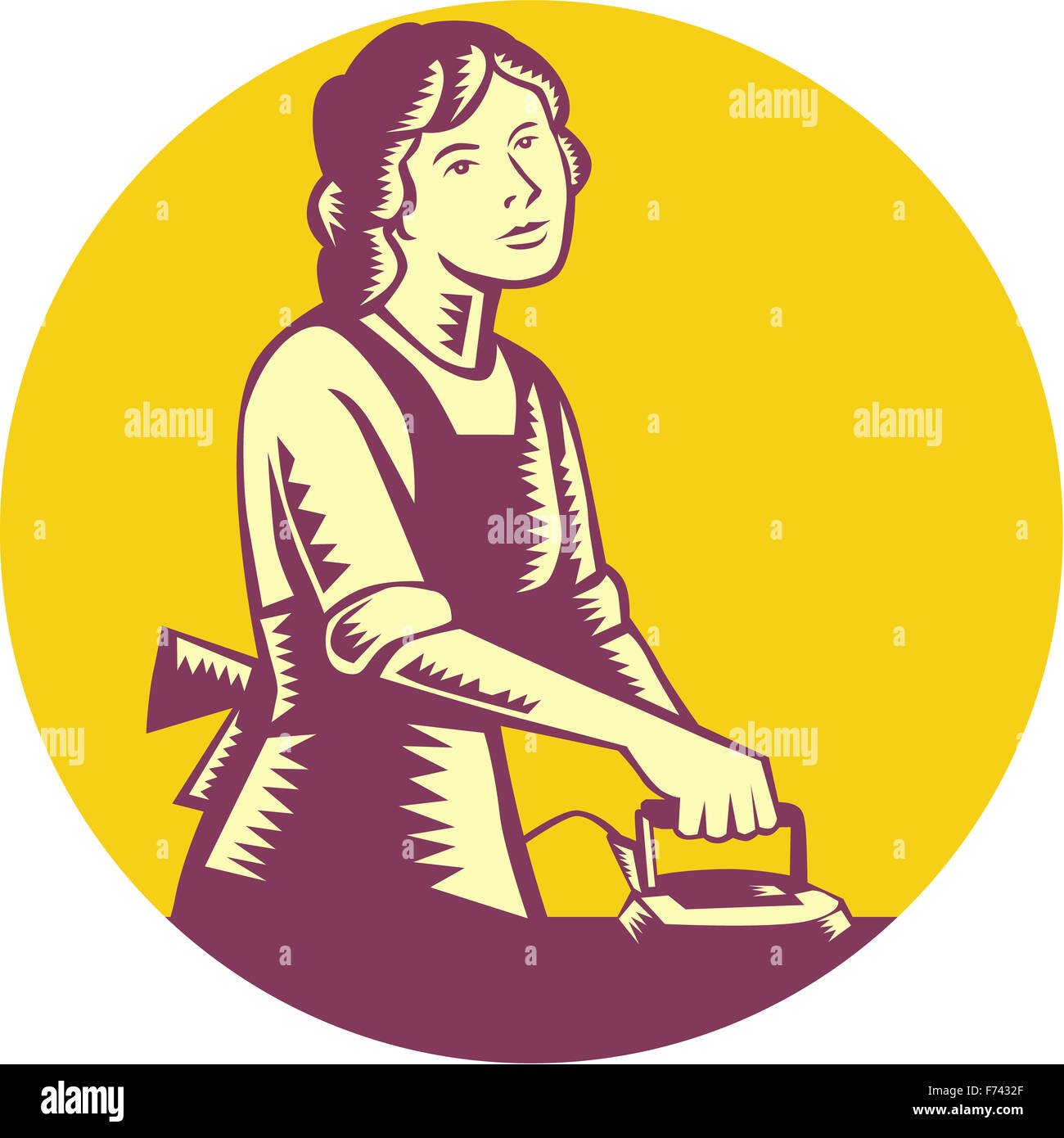 Illustration of a housewife ironing viewed from front set inside circle done in retro woodcut style. Stock Photo