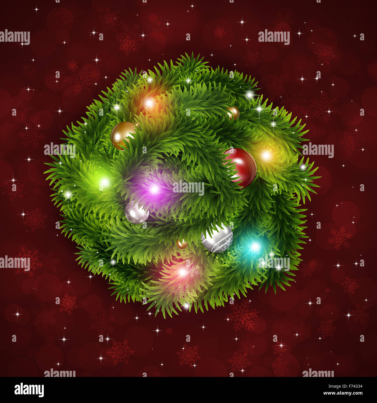 winter holiday christmas tree ring on red background with blurry lights