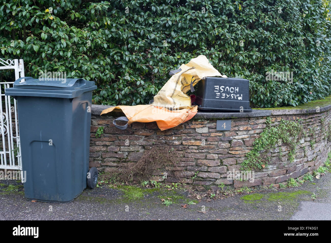 Rubbish bin and recycle bags and box after collection Falmouth