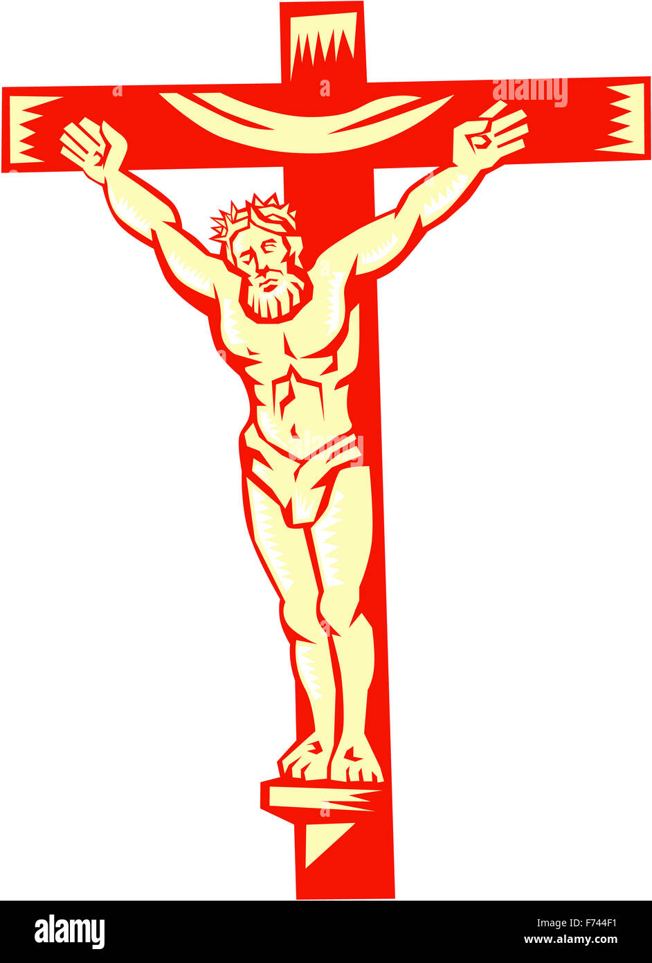 Illustration of Jesus Christ on cross viewed from front set on isolated white background done in retro woodcut style. Stock Photo