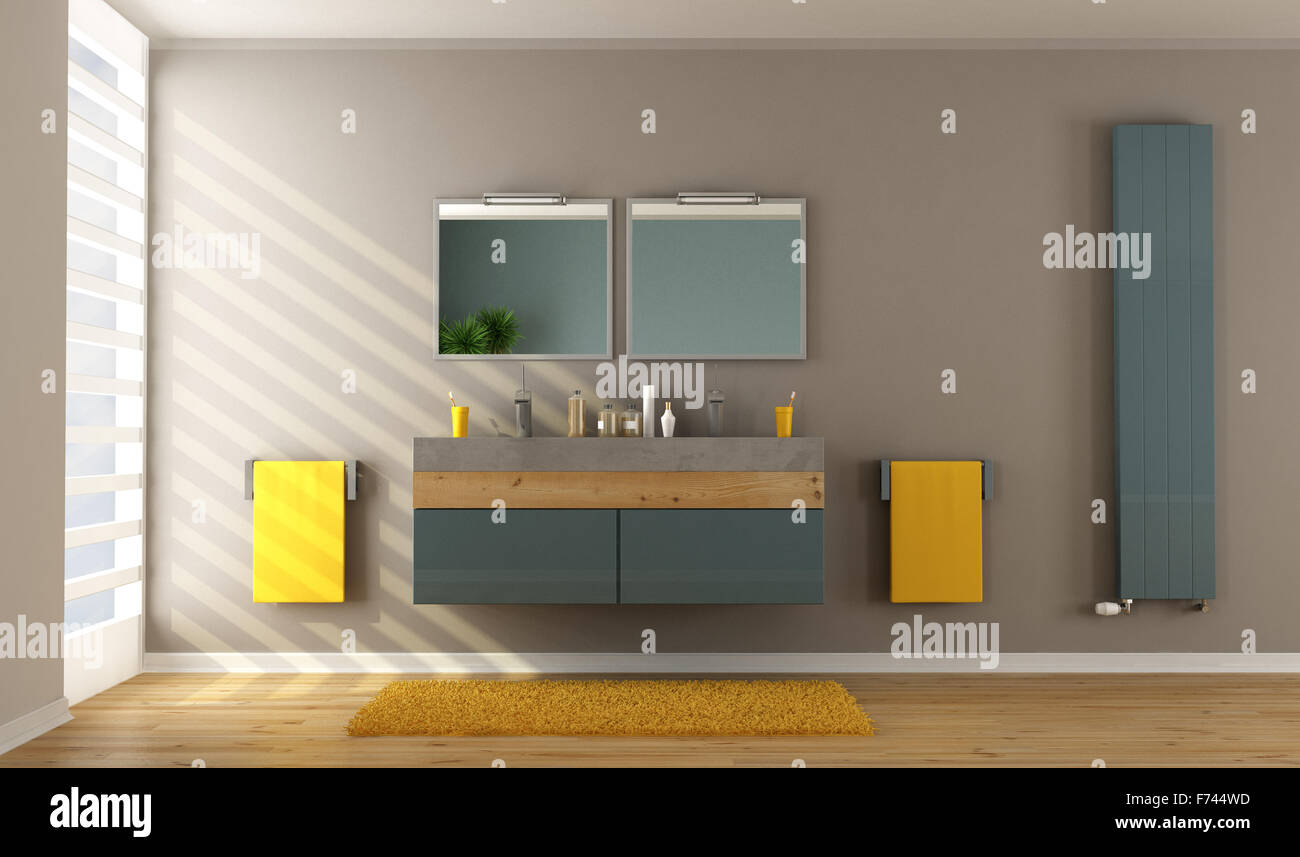 Contemporary bathroom with concrete washbasin and vertical heater -3D Rendering Stock Photo - Alamy