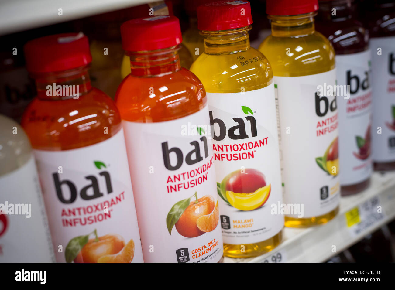 Bottles of Bai brand antioxidant infusion juice drinks are seen on a