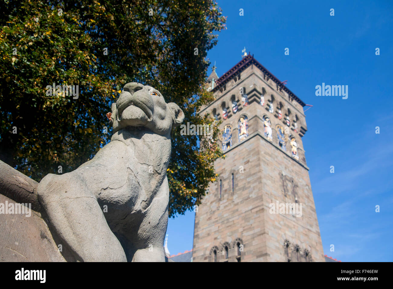 Animal wall Bute Park Cardiff Castle clock tower in background Cardiff