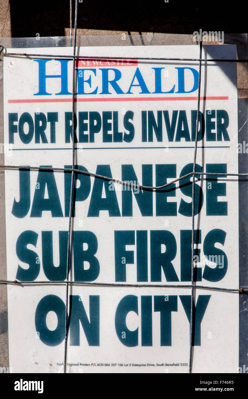 Newspaper headline board billboard Newcastle Herald Japanese Sub Fires on City World War II 2 Two Second World War Pacific New S Stock Photo