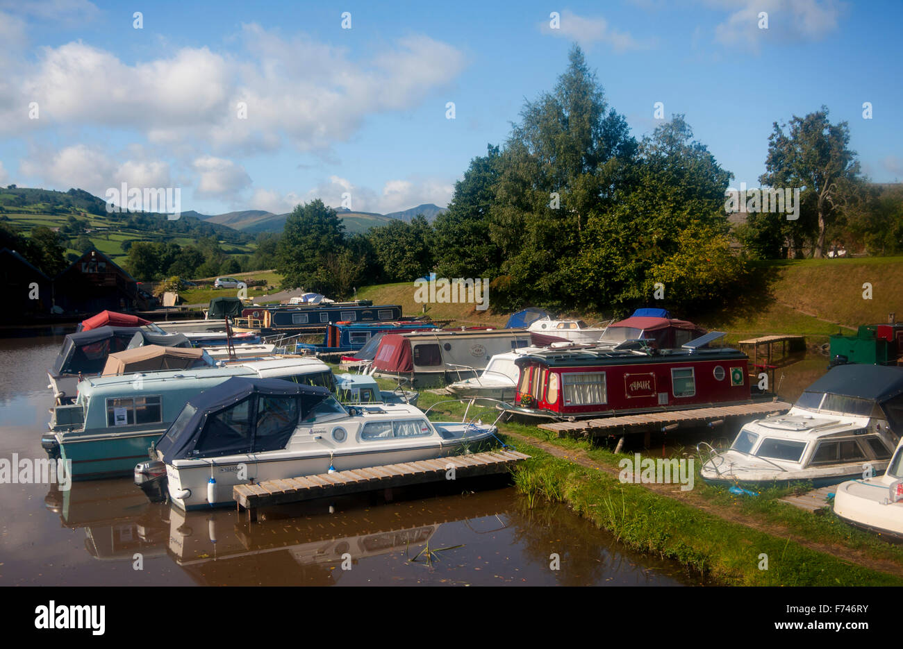 Monmouthshire & Brecon Canal Boats moored in Pencelli basin Powys Wales UK Stock Photo