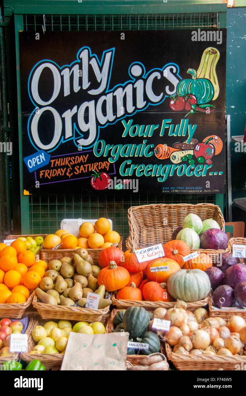 Organic fruit and veg vegetables at stall in Borough Market London England UK Stock Photo