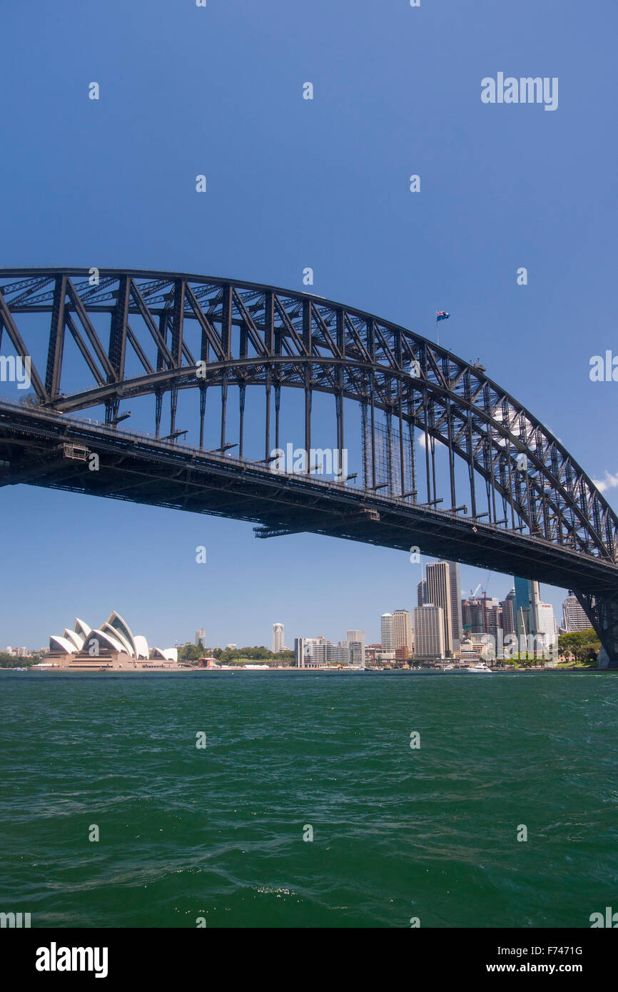 Sydney Harbour Bridge and Opera House daytime view upright vertical Sydney New South Wales NSW Australia Stock Photo