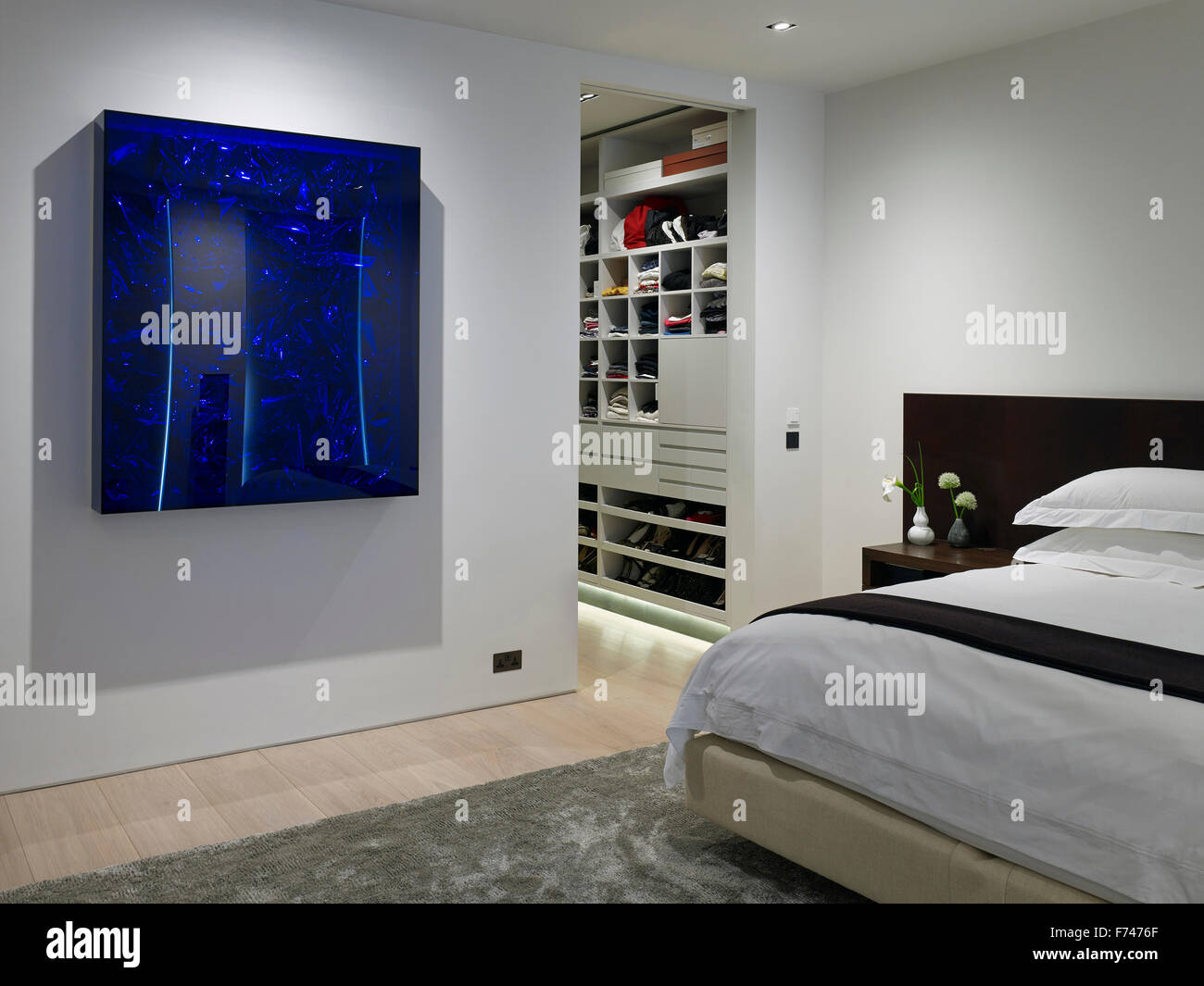 Blue art installation in bedroom of Chelsea Apartment, London, England, UK Stock Photo - Alamy