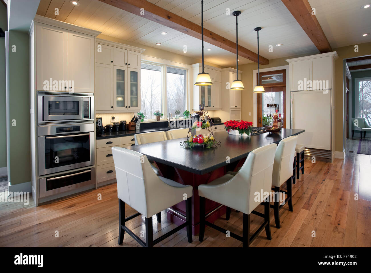 upscale kitchen with Christmas decorations Stock Photo