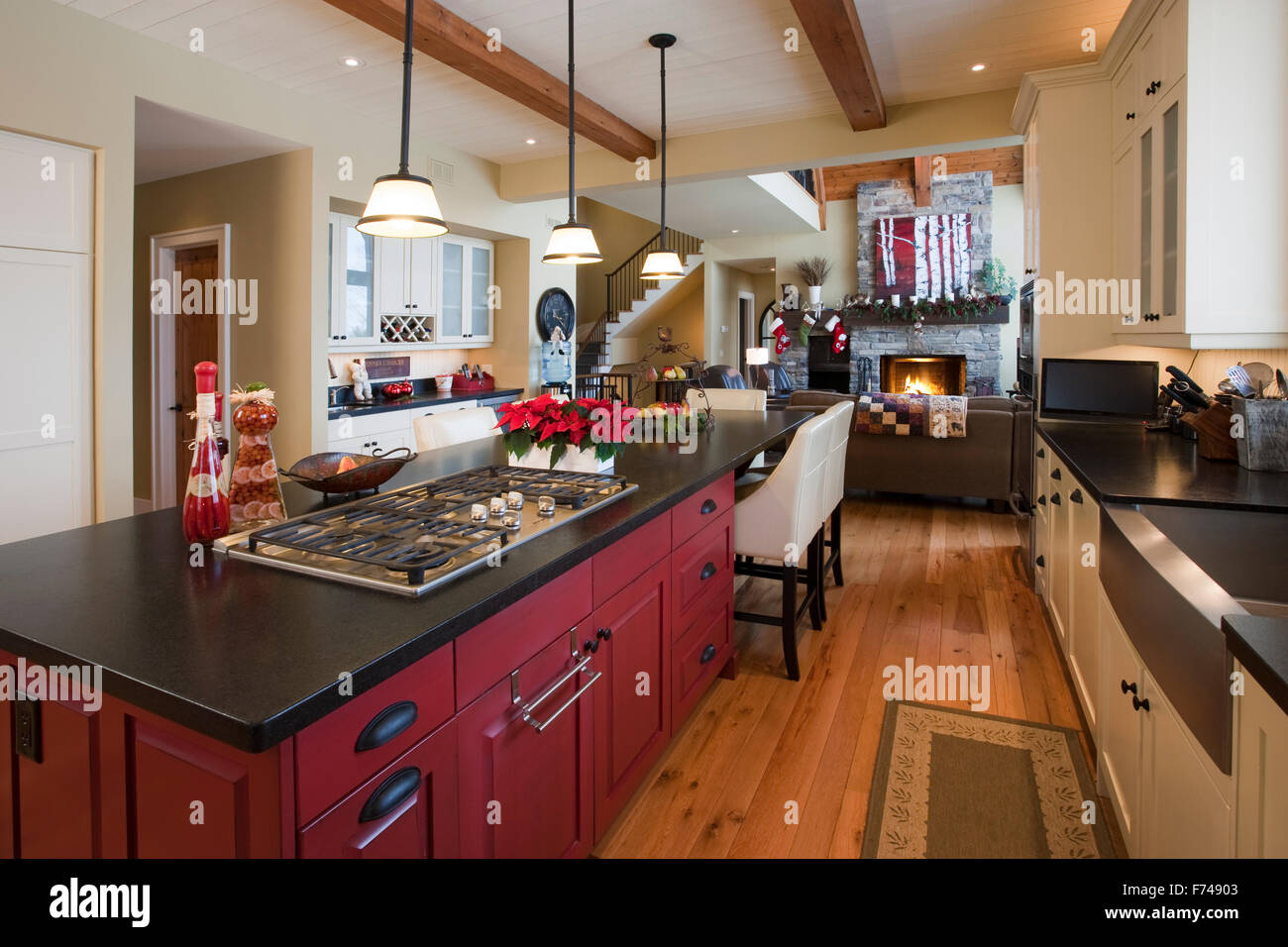 upscale kitchen with Christmas decorations Stock Photo