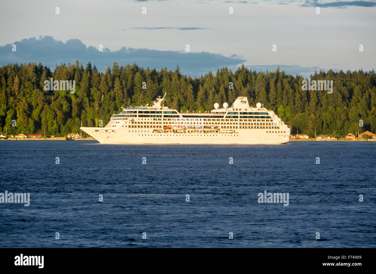 Pacific Princess cruise ship sailing the Inside Passage between Vancouver Island and Quadra Island, British Columbia, Canada Stock Photo