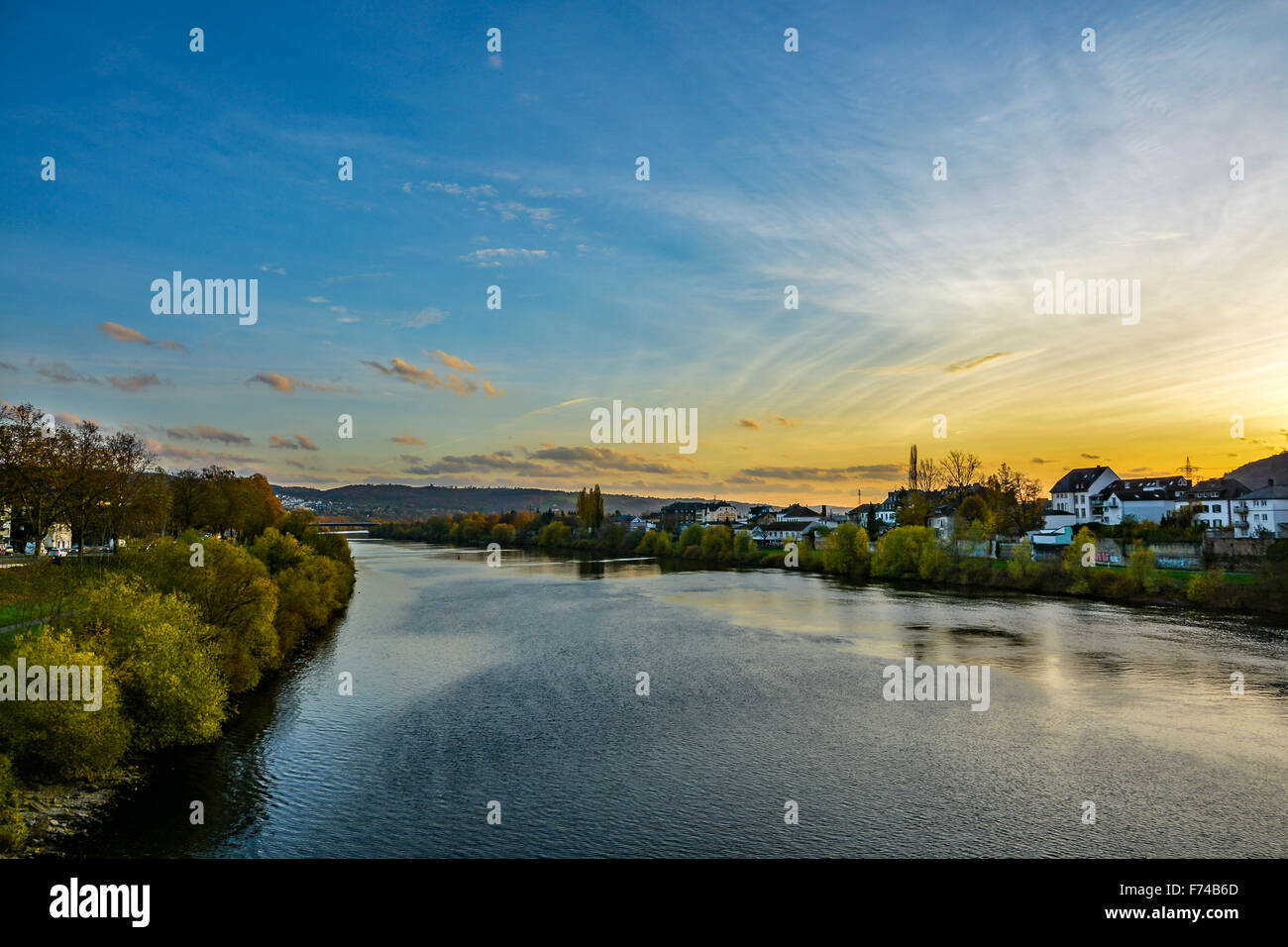 Beautiful sunset over Mosel river, Trier, Germany Stock Photo