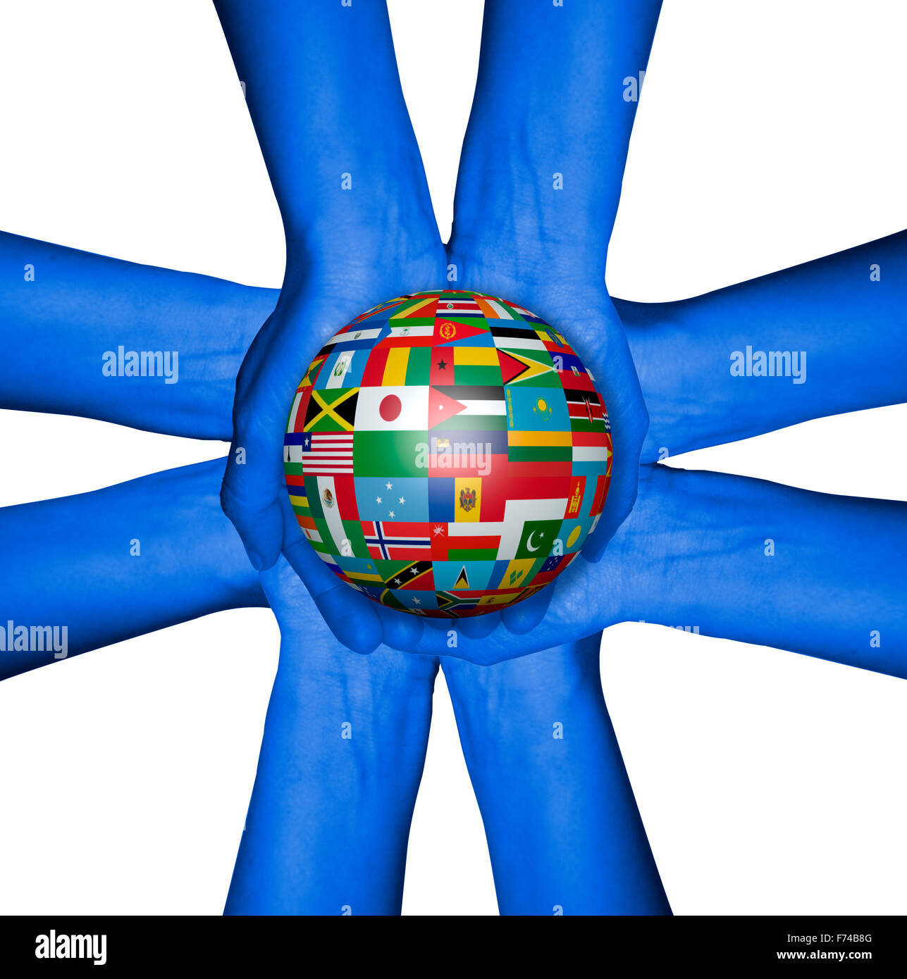 Arms keeping the world in their hands with world map, flags Stock Photo