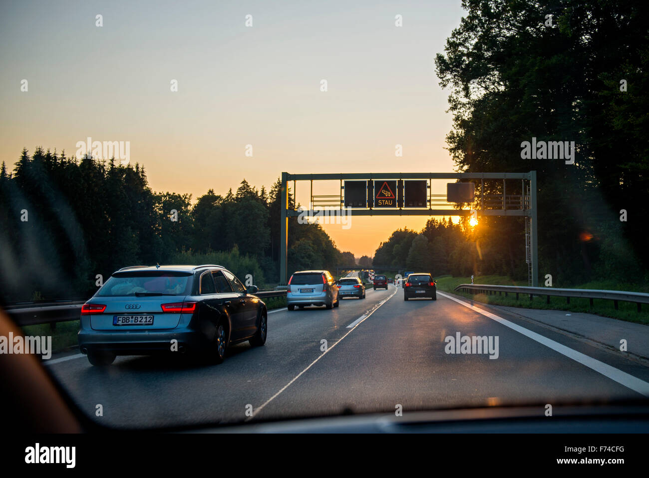 Traffic Jam on German Autobahn - Road Sign 'STAU' Stock Photo