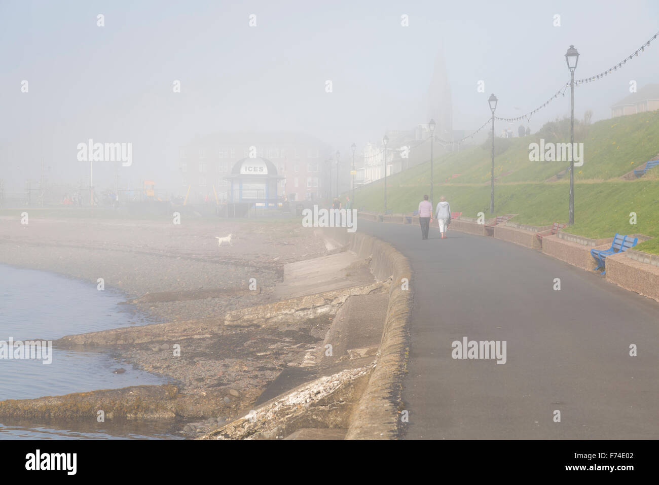 Largs promenade in fog, North Ayrshire, Scotland, UK Stock Photo