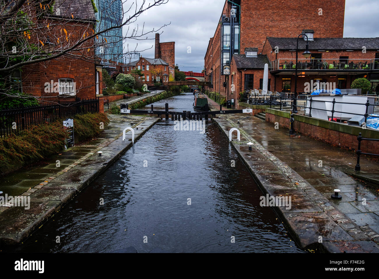 Rochdale canal with lock gate and tow path at Castlefield in Manchester