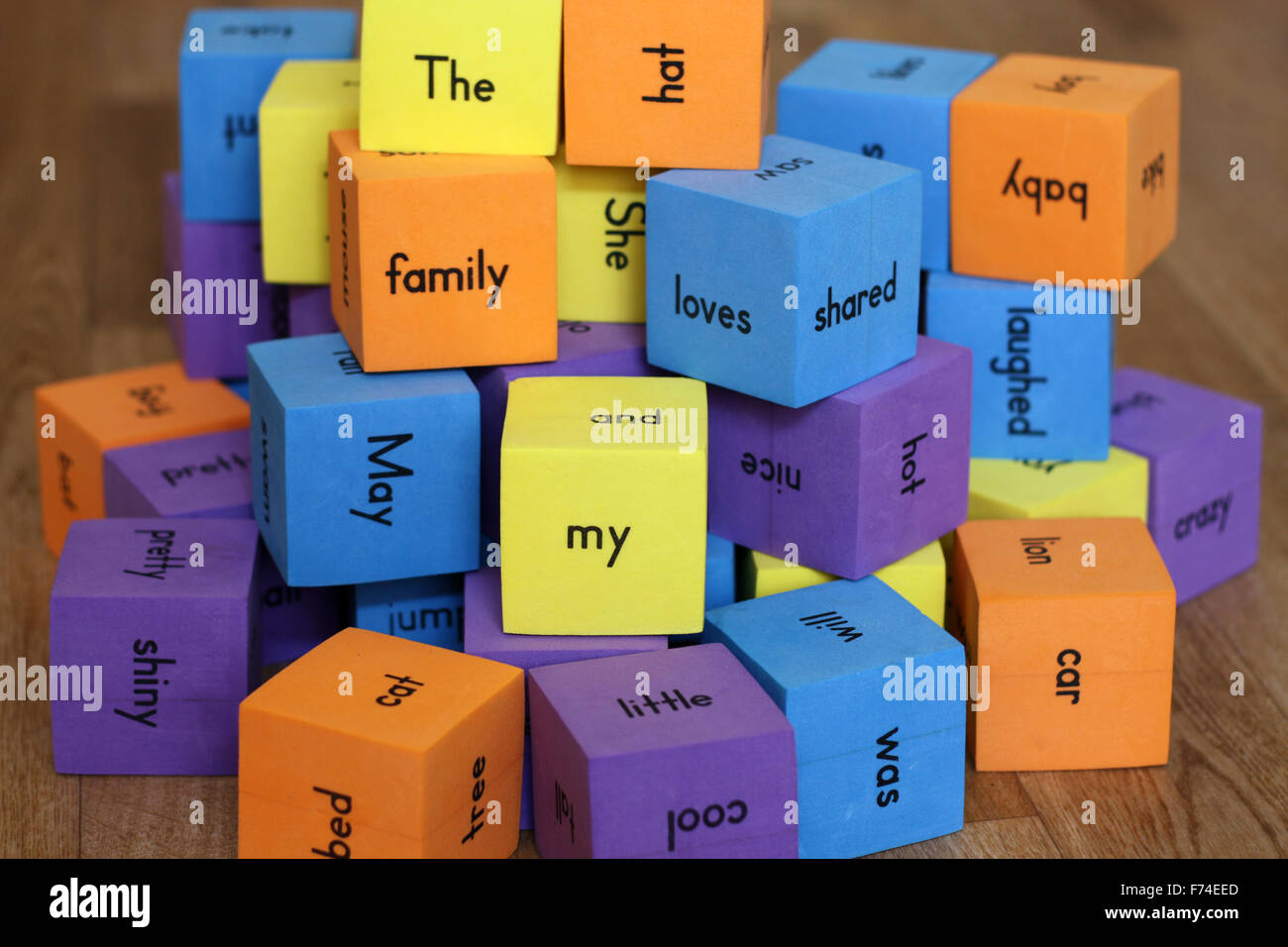 Blocks with words on the floor Stock Photo