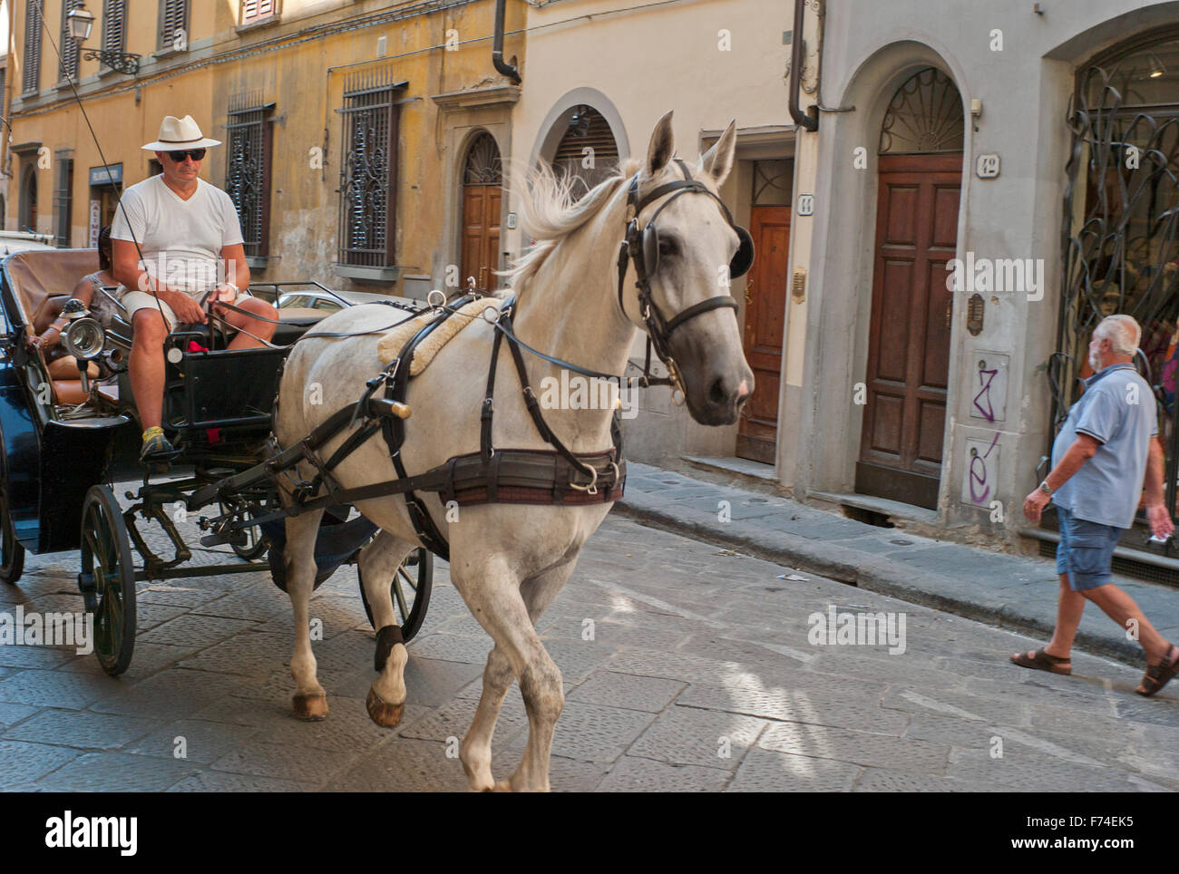 Tourists ride on a horse carriage on the street in Florence. Stock Photo
