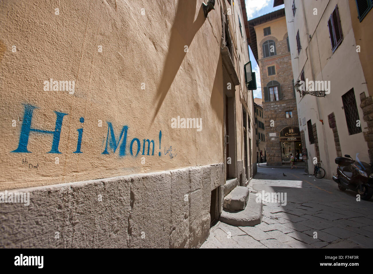 Hi Mom ! graffiti on Florence city wall Italy , Stock Photo