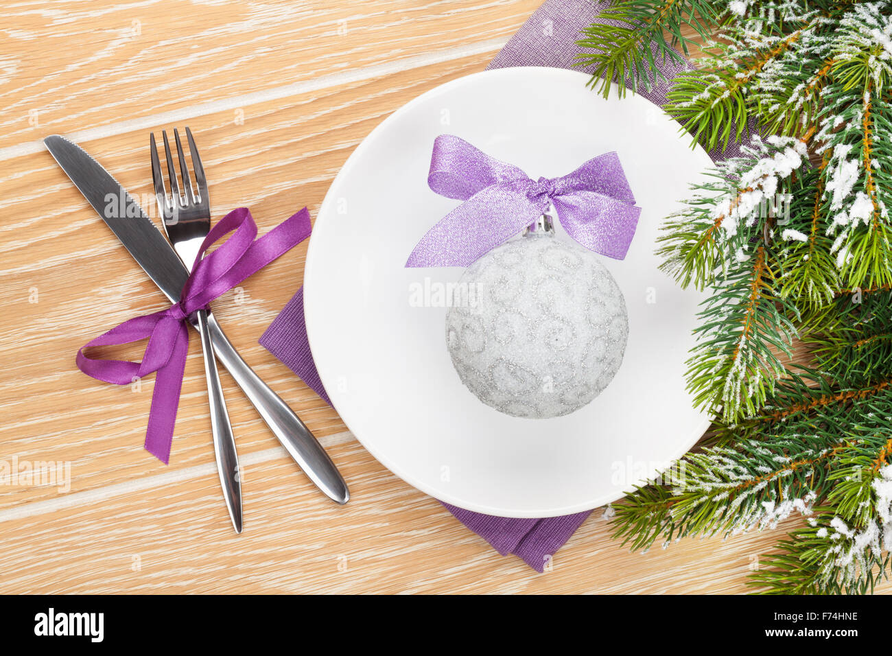 Christmas table setting with fir tree and bauble decor. Top view Stock ...