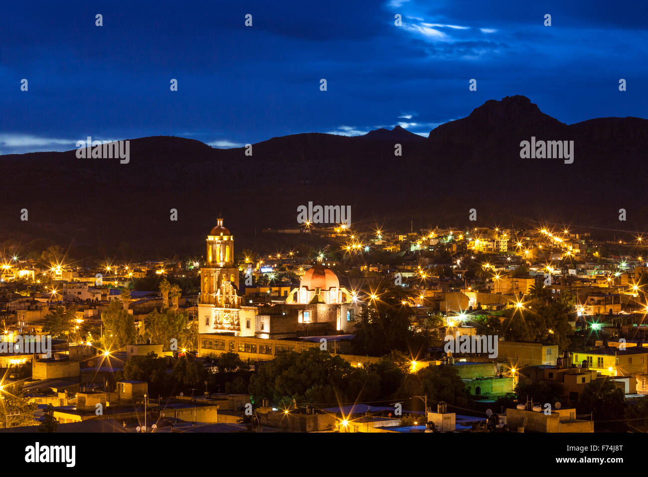 Temple of Sombrerete, Zacatecas at twilight, Mexico. Stock Photo