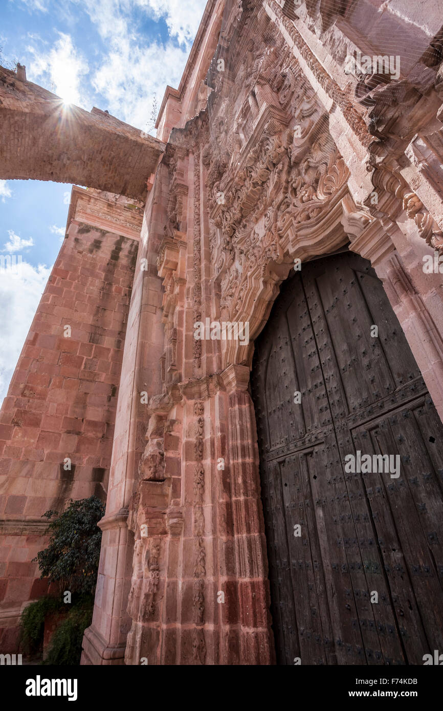 Door of the baroque San Agustin Temple in the historic downtown of Zacatecas, Mexico. Stock Photo