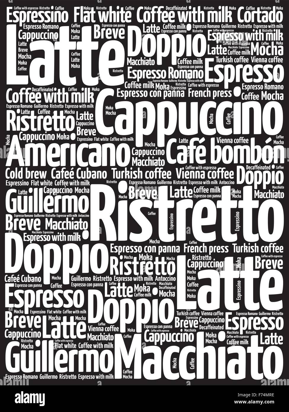 List of coffee drinks words cloud, poster background Stock Vector