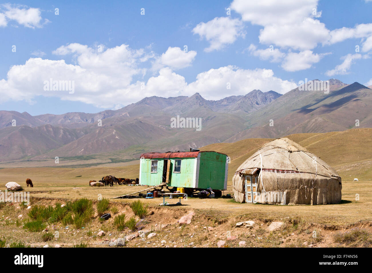 Yurt and mobile trailer-house in the valley from the Kirghiz ranges along the main M41 road. - Stock Image